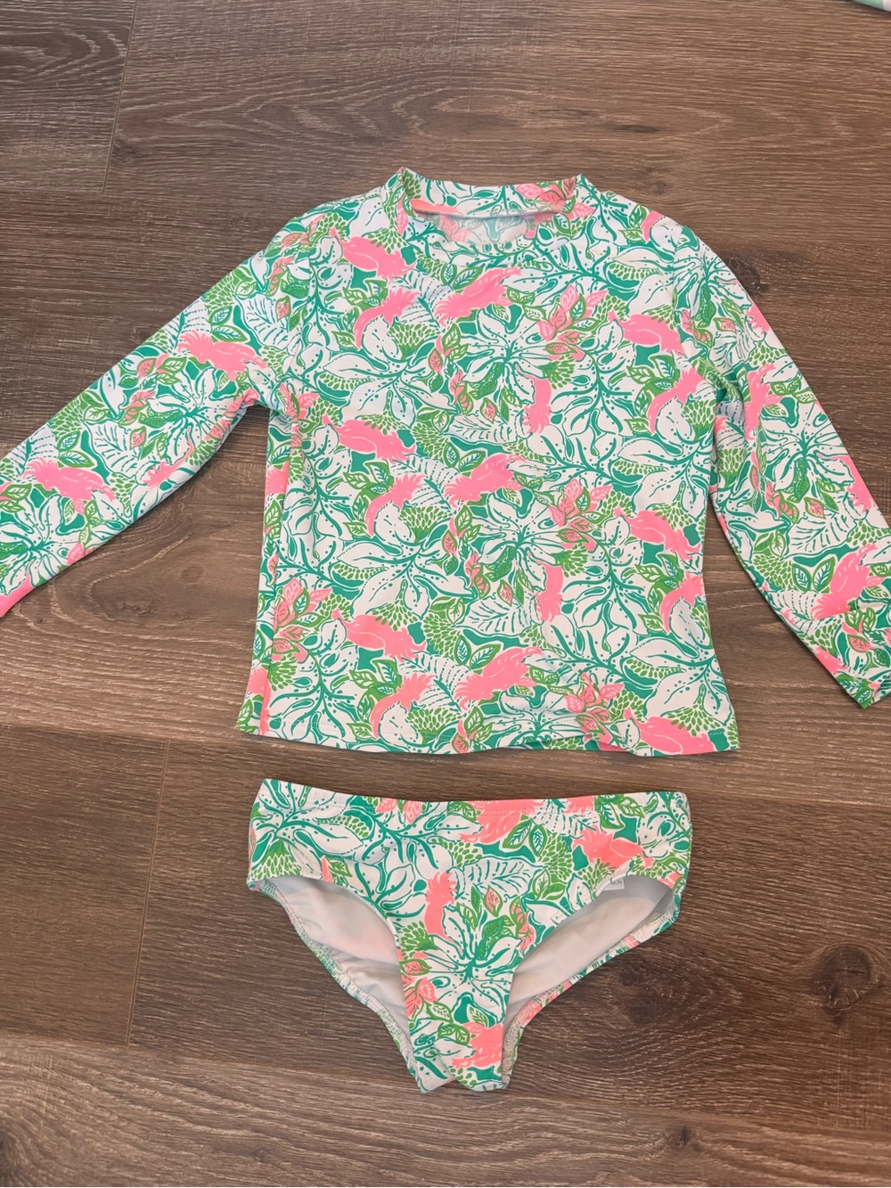 Lilly Pulitzer Girls Floral Rash Guard Set in Pink, Green & White